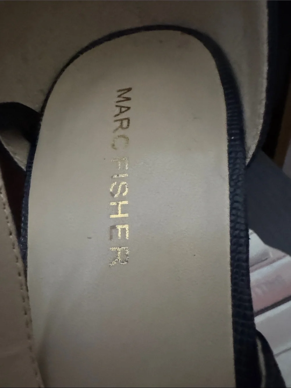 Marc Fisher Navy Crisscross Wedge Sandals with Gold Medallion